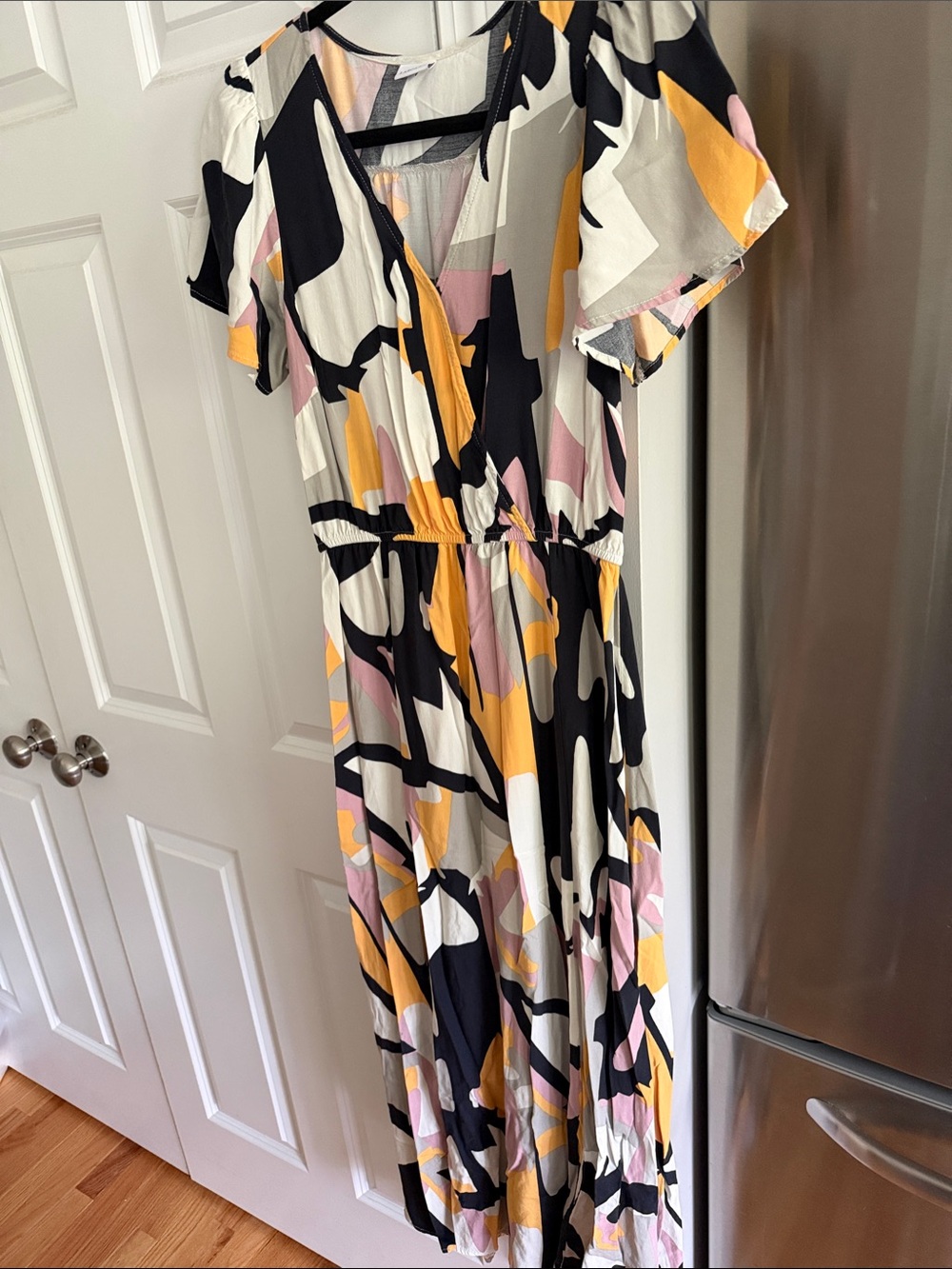 Abstract Print V-Neck Maxi Dress in Yellow, Pink & Black